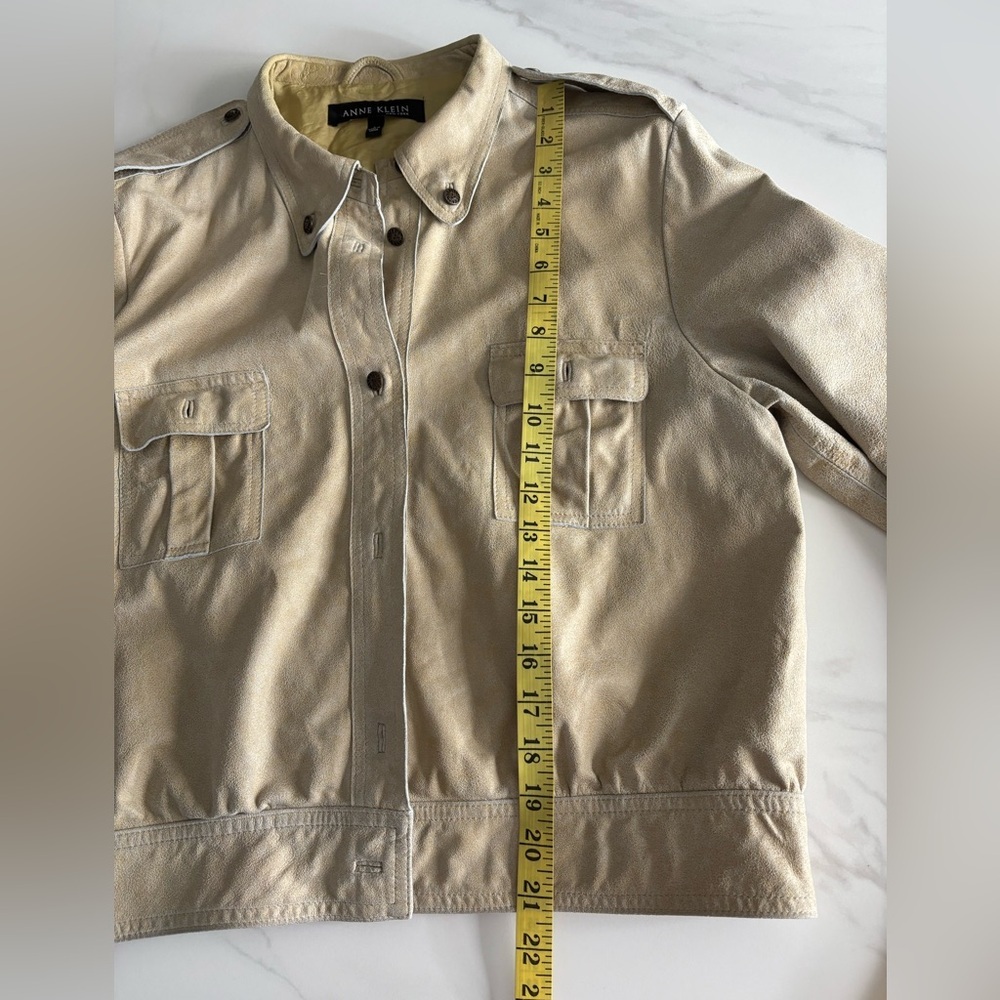 Anne Klein Vintage Military Style Leather Jacket sz L Beige - Picture 11 of 12